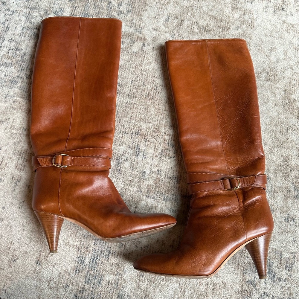 Loeffler Randall Cognac Leather Knee Boots 6B D-Ring Buckle Italy - Picture 3 of 8